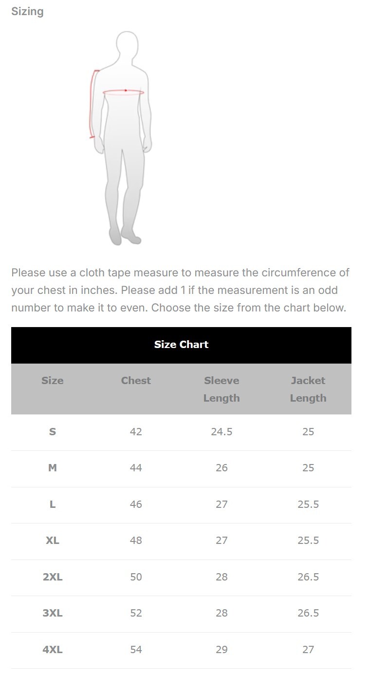 Size chart for men's street cruiser leather motorcycle jacket.