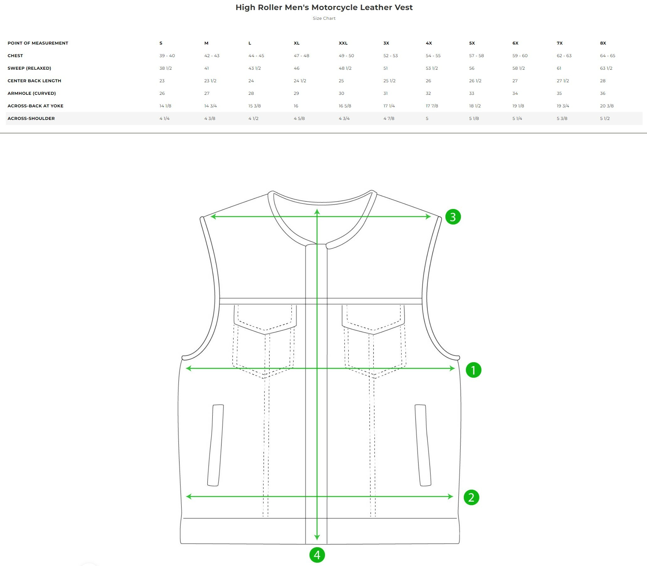 Size chart for men's High Roller leather motorcycle vest in copper.