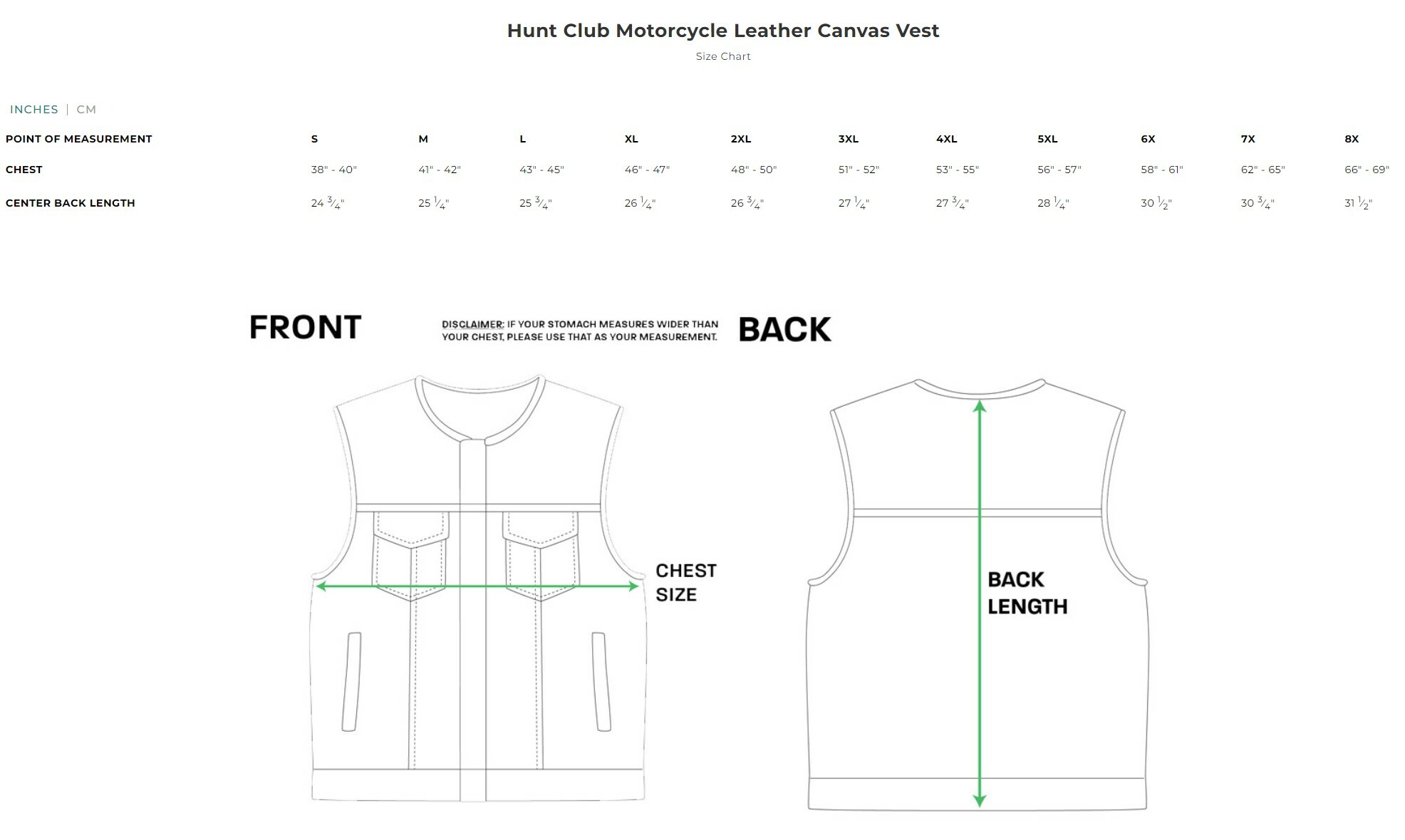 Size chart for men's Hunt Club leather and canvas biker vest in black and brown.