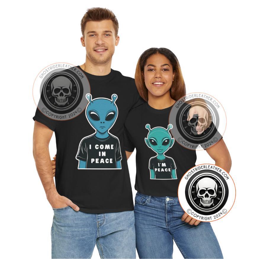 A couple wearing two different designs that go together. I Come In Peace and I'm Peace.
