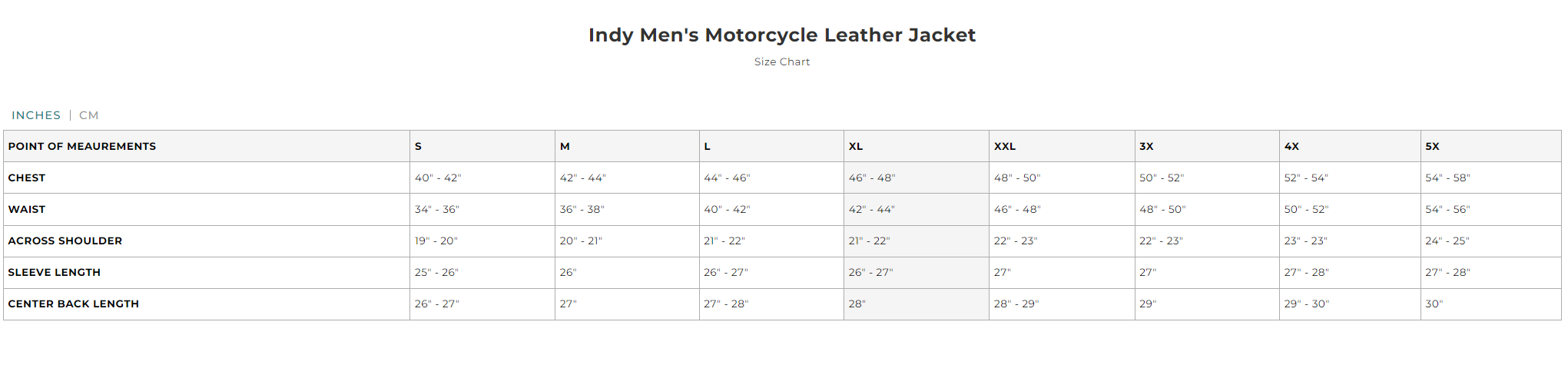 Size chart for men's antique brown Indy leather motorcycle jacket.