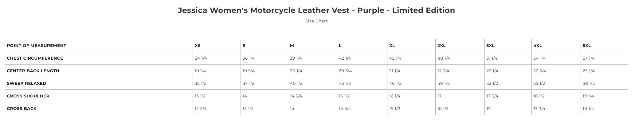 Size chart for Jessica, Women's Limited Edition Purple Stitch and Liner Motorcycle Vest