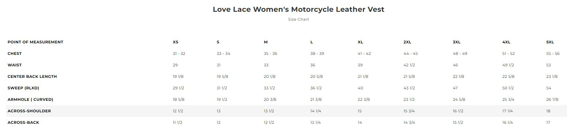 Size chart for women's Love Lace leather motorcycle veste with printed liner.