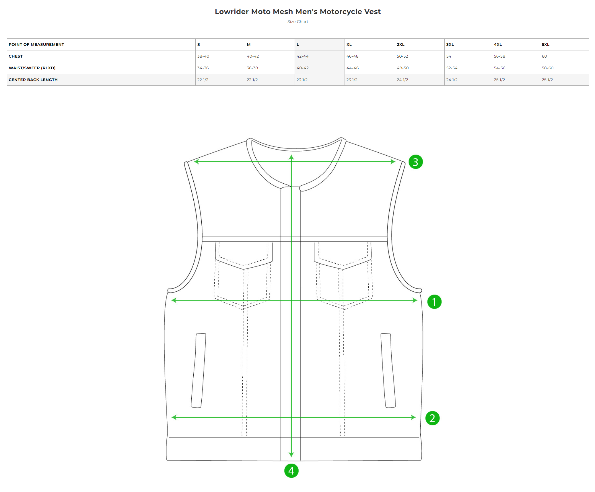 Size chart for men's Lowrider Moto Mesh Motorcycle Vest.