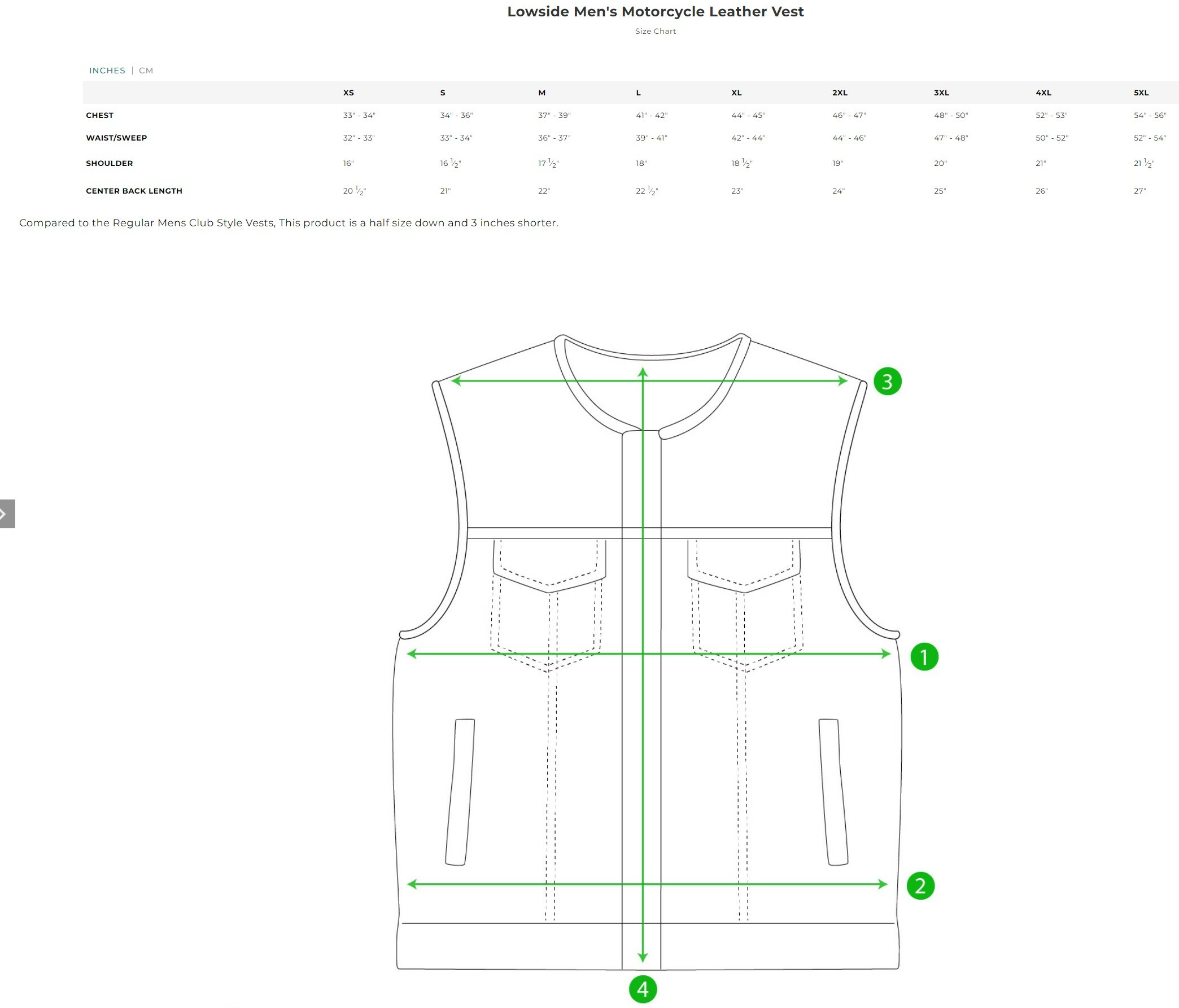 Size chart for men's Lowside Leather Motorcycle Vest.