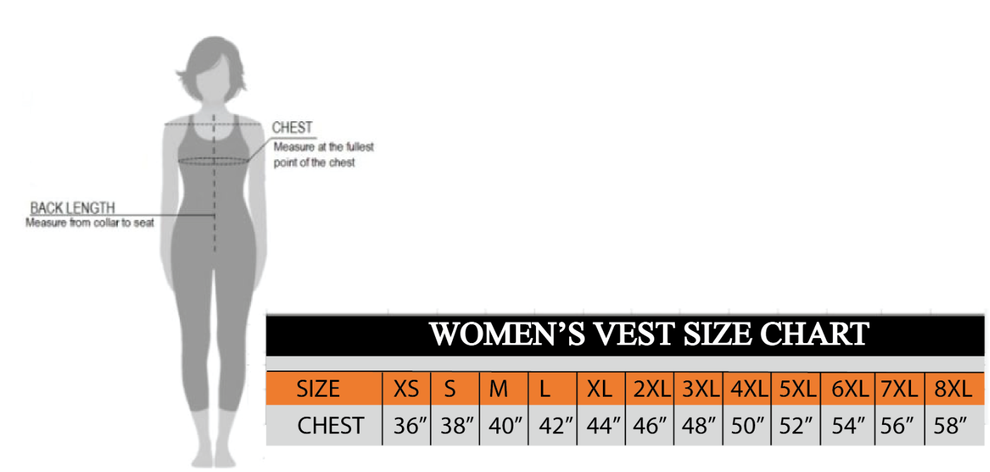Size chart for women's leather vest with pink stitching.