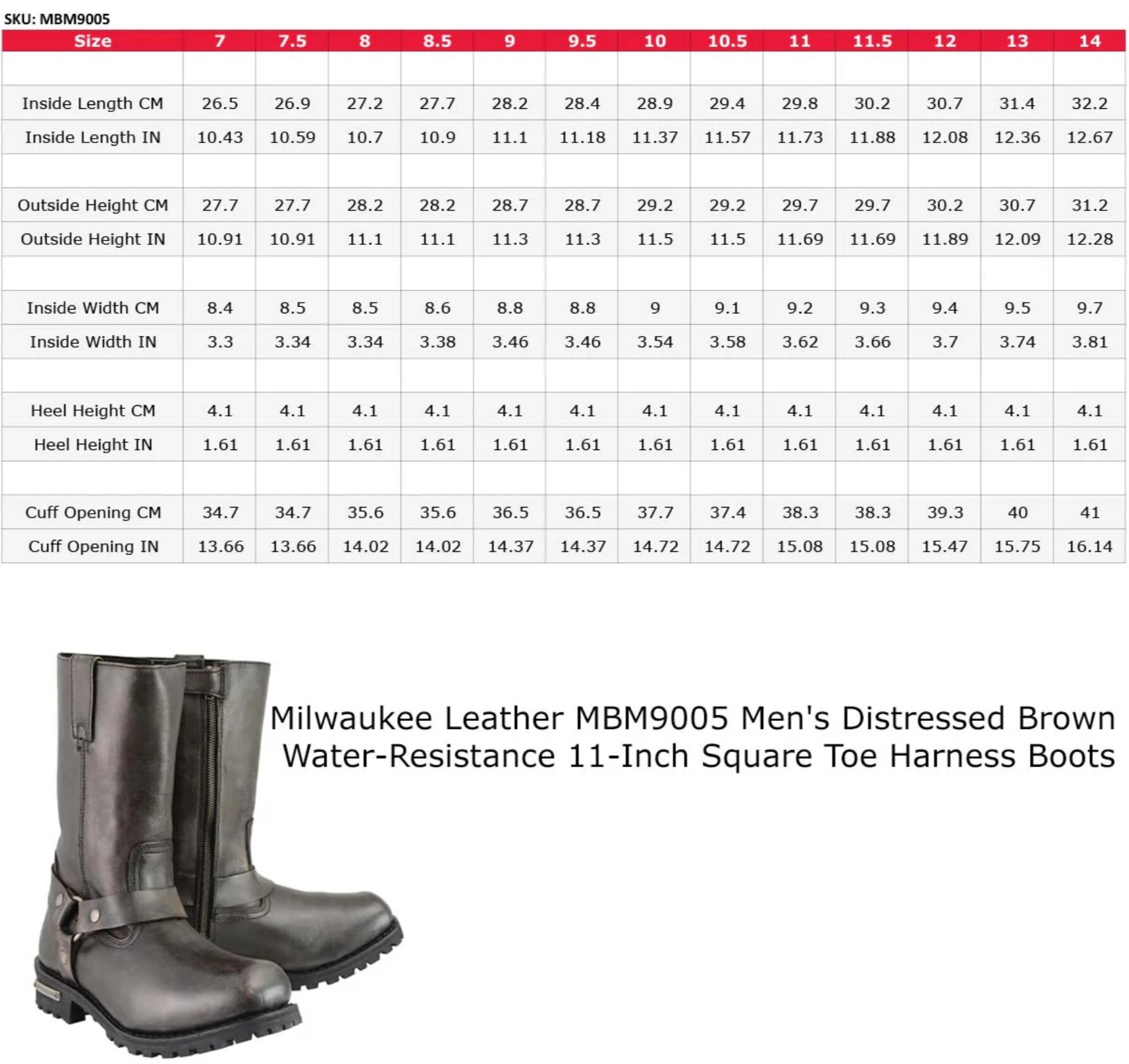 Size chart for men's distressed brown harness boots.