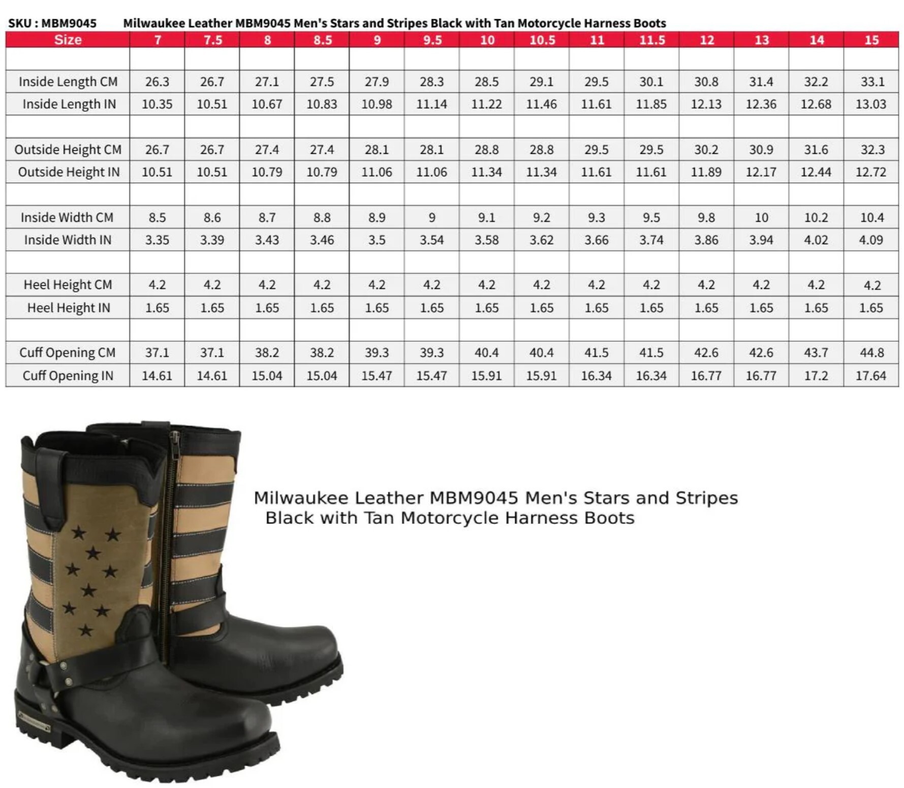 Size chart for men's harness boots, Stars and Stripes in black and tan.