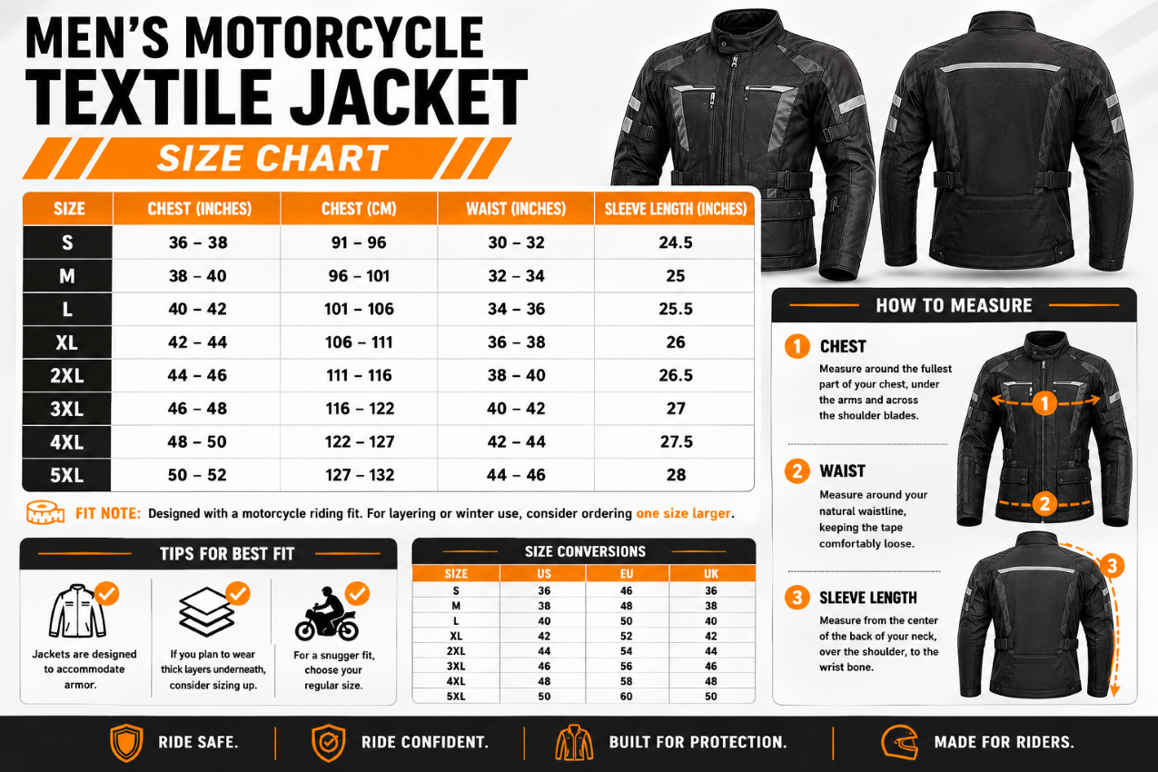 Size chart for men's mesh textile motorcycle jacket.