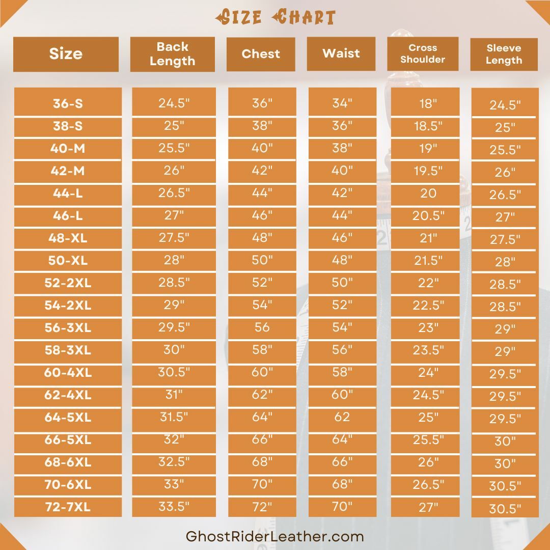 Size chart for men's leather motorcycle jacket with skulls.