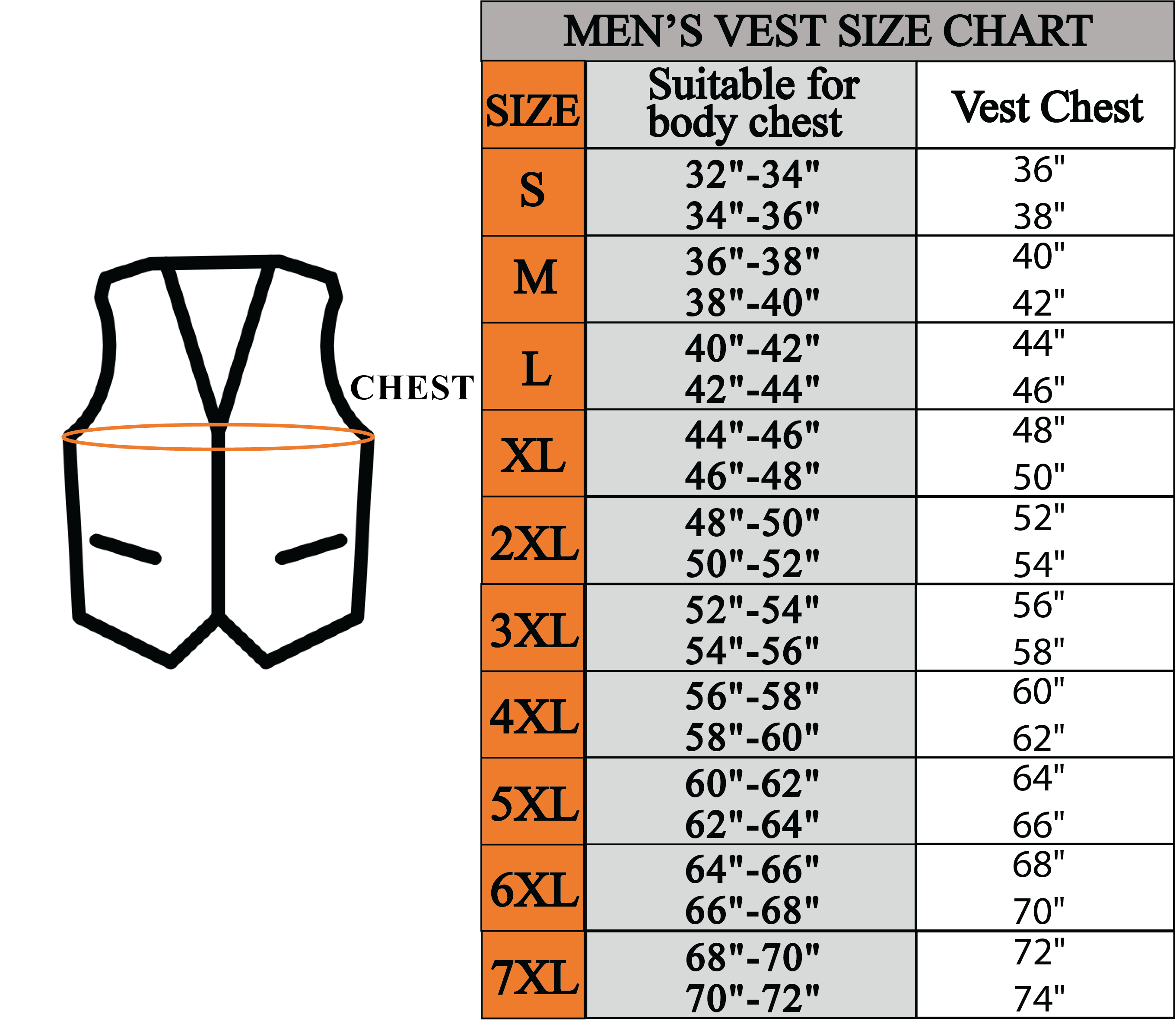 Size chart for men's leather motorcycle vest.