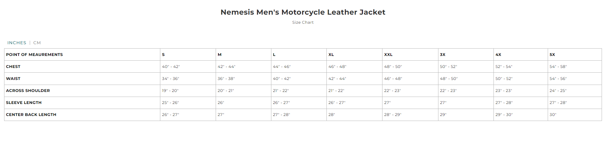 Size chart for men's Nemesis leather motorcycle jacket.