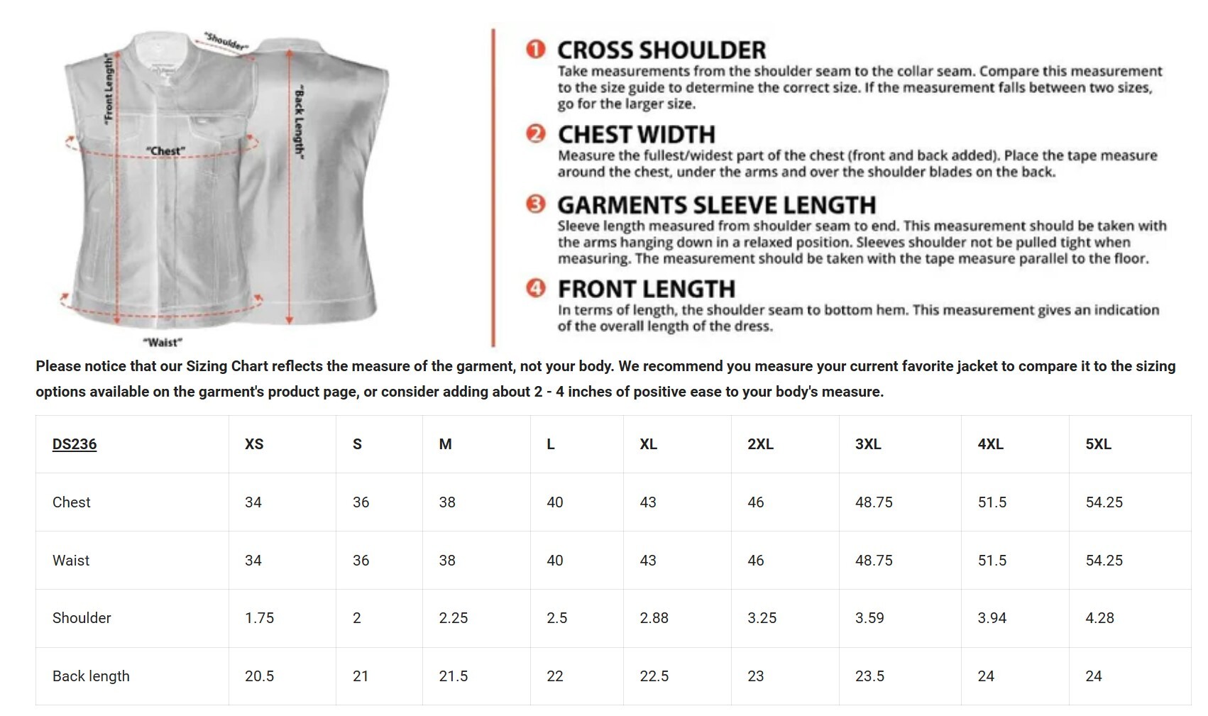 Size chart for women's ultra soft brown leather vest.
