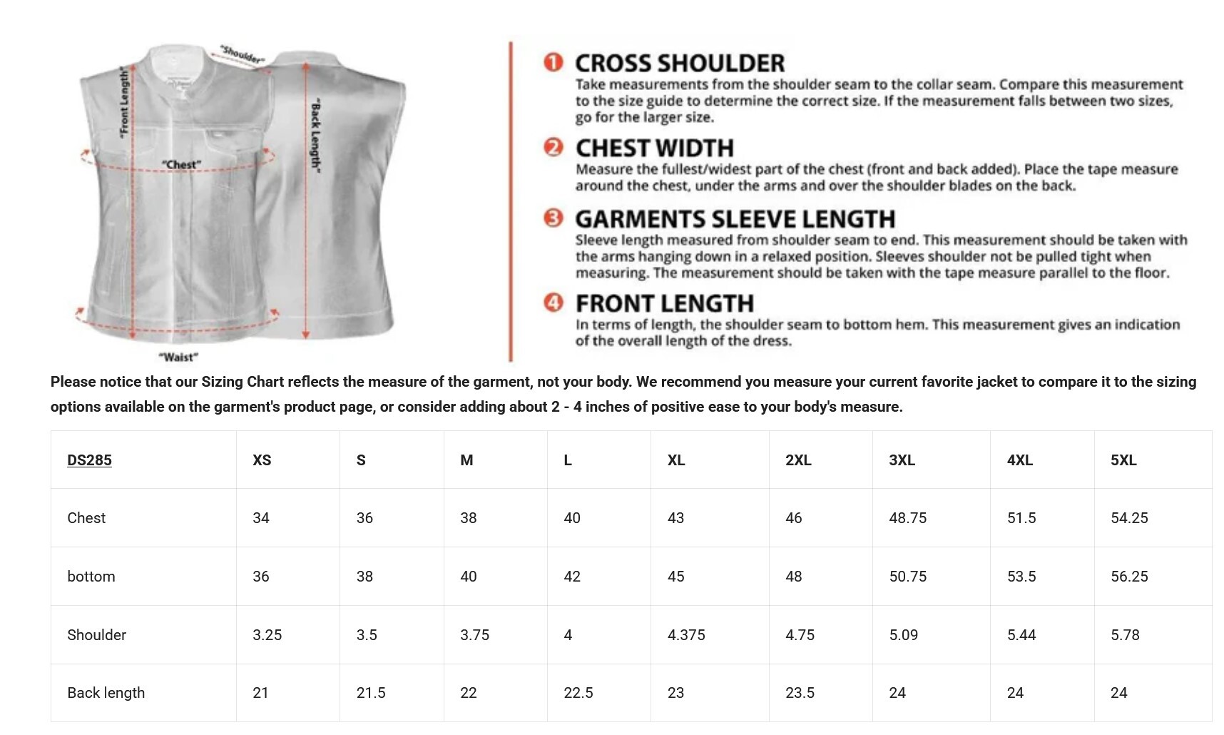 Size chart for women's leather vest with side laces and grommets.