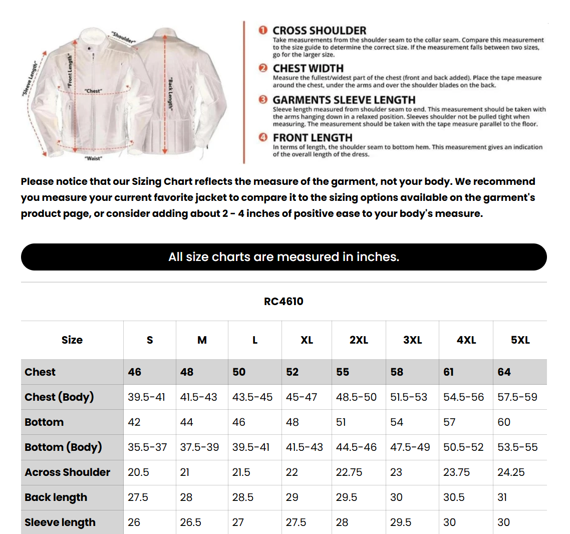 Size chart for men's textile motorcycle jacket.
