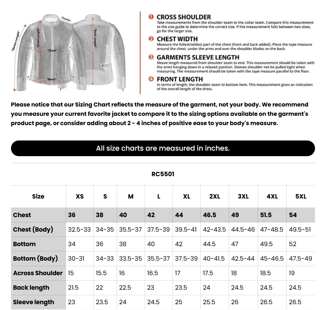 Size chart for women's red leather motorcycle jacket.