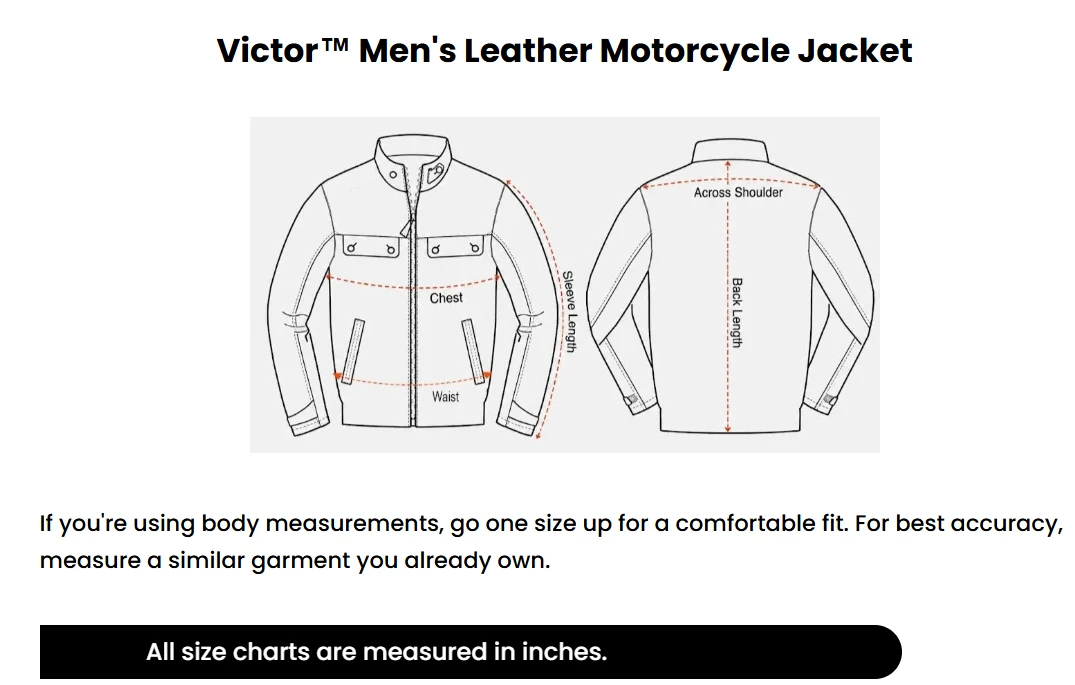 Size chart information for the Victor men's leather motorcycle jacket.