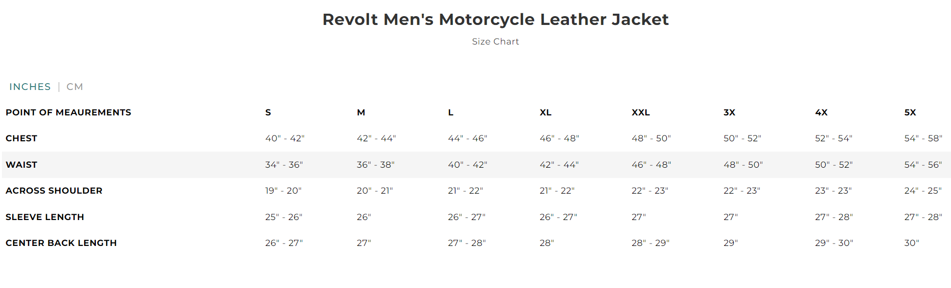 Size chart for men's Revolt leather motorcycle jacket.