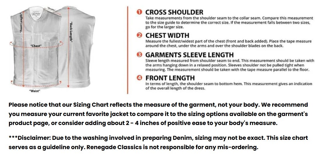 Size chart for RM981BK Men's Black Denim Vest
