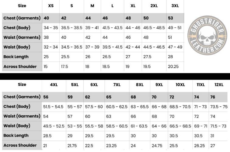Size chart for RM981BK Men's Black Denim Vest