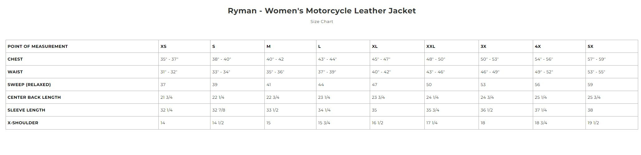 Size chart for Ryman women's leather hoodie jacket.