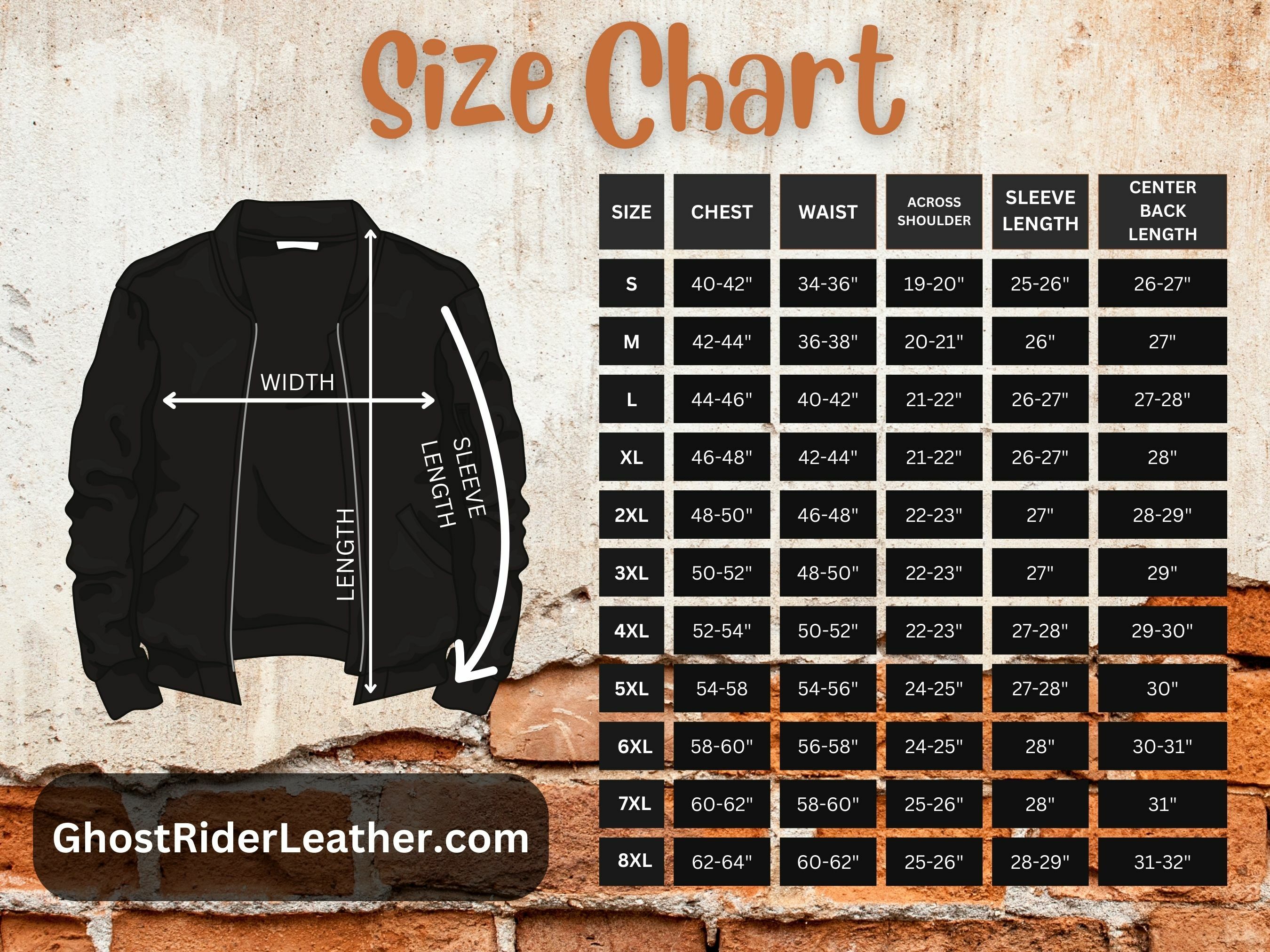 Size chart for men's Savage Skulls leather motorcycle jacket.