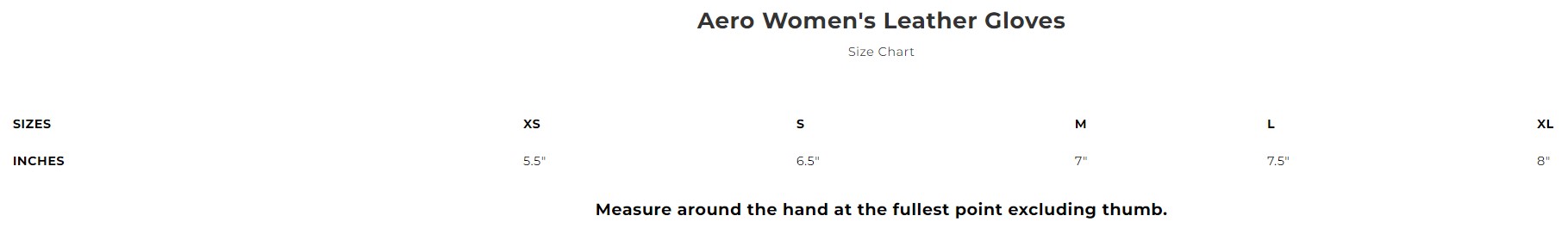 Size chart for Aero women's leather gauntlet motorcycle gloves.