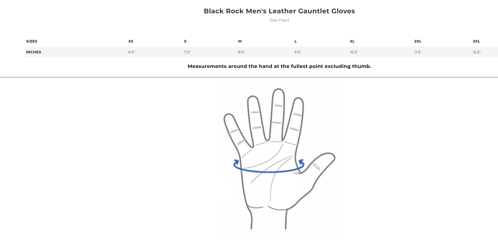 Size chart for Black Rock men's leather gauntlet gloves.