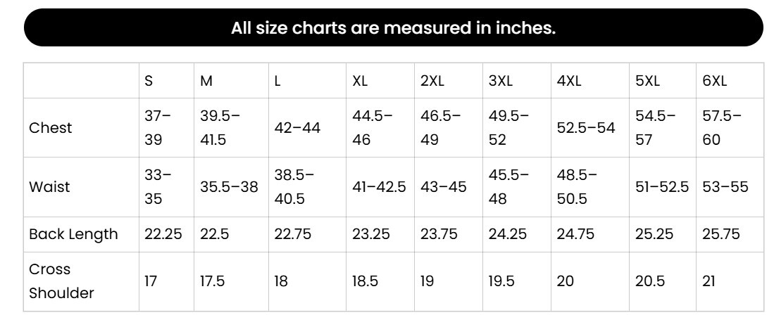 Size chart for men's white canvas vest, Scorcher Blaze.