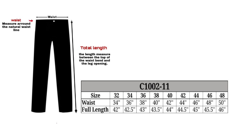 Size chart for men's leather chap pants.