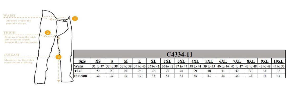 Size chart for unisex leather chaps.