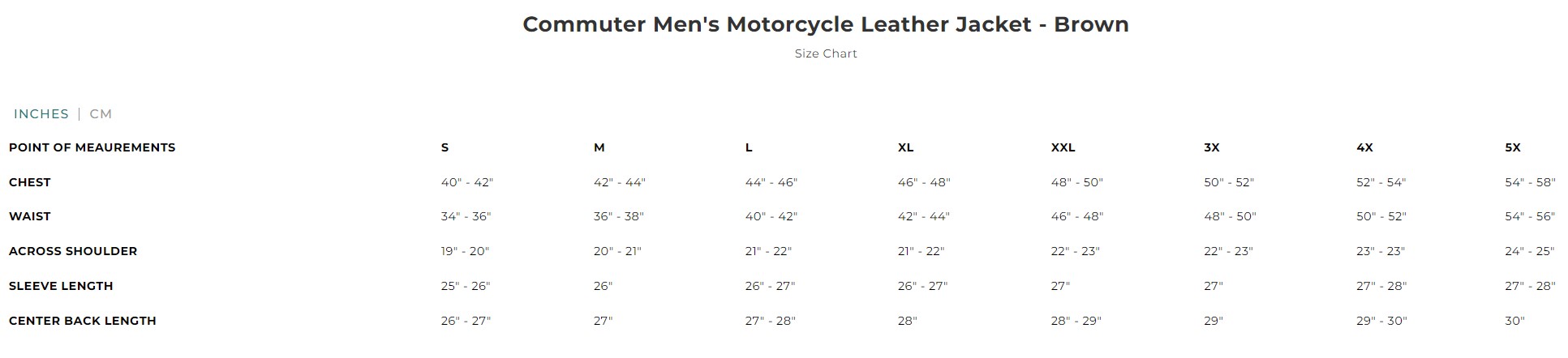 Size chart for men's brown leather motorcycle jacket.