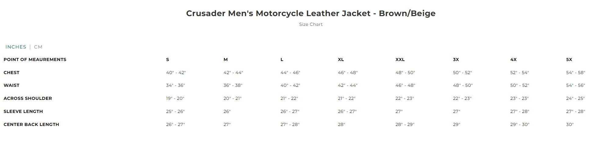 Size chart for men's leather motorcycle jacket.