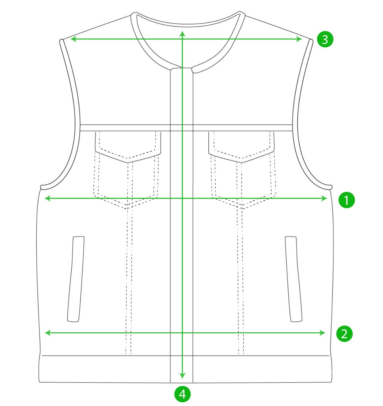 Size chart for men's Downside leather motorcycle vest.