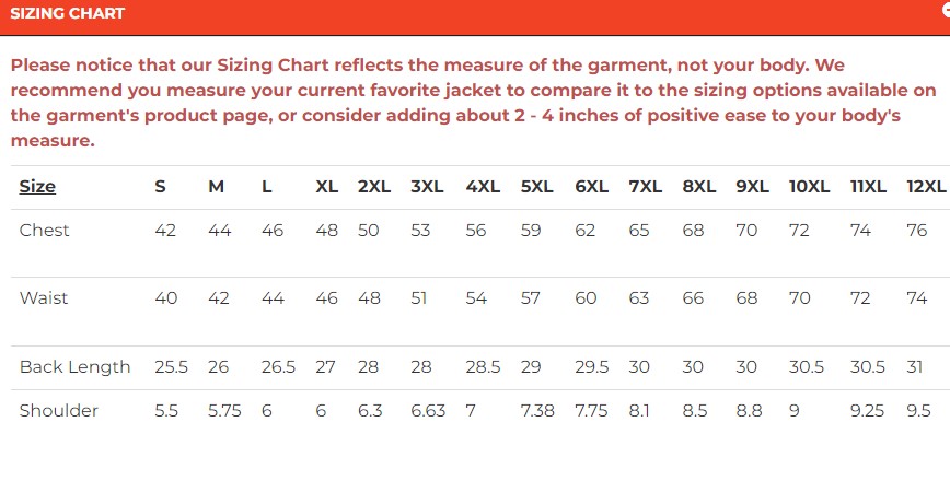 Size chart for men's leather motorcycle club vest.