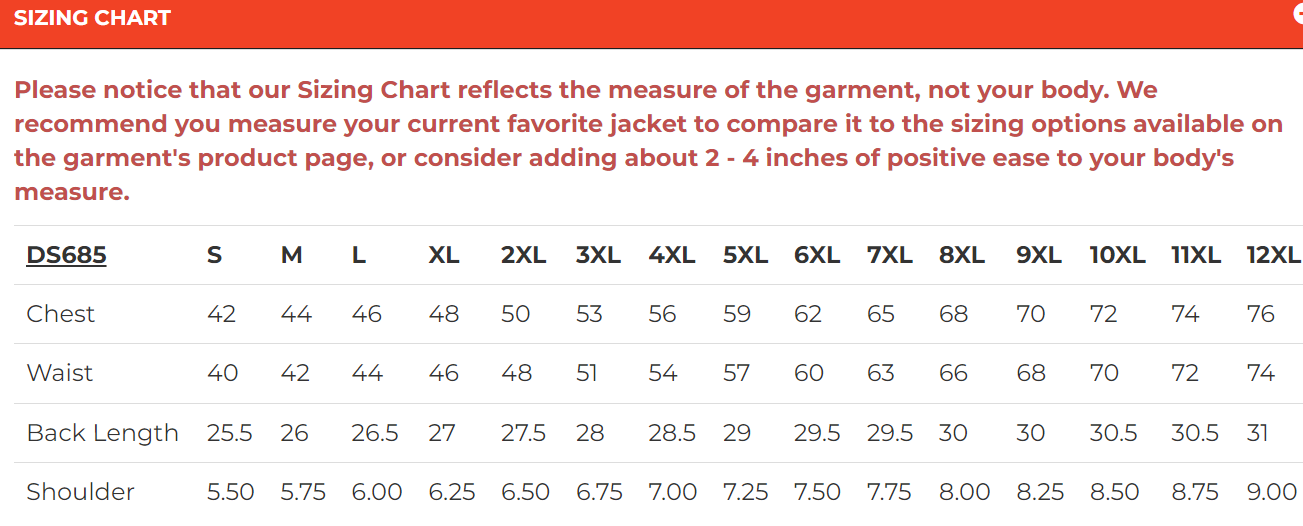 Size chart for men's canvas and leather motorcycle club vest.