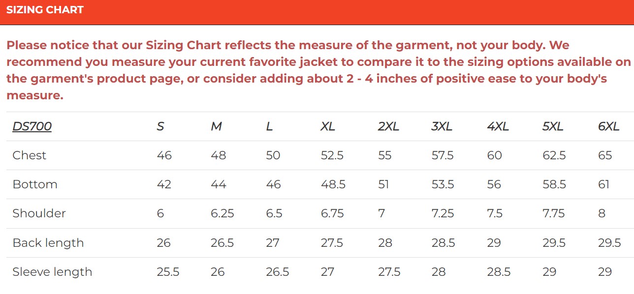 Size chart for reflective skulls men's leather biker jacket.