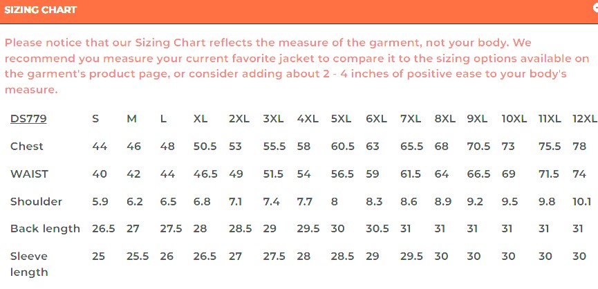 Size chart for men's leather motorcycle jacket.