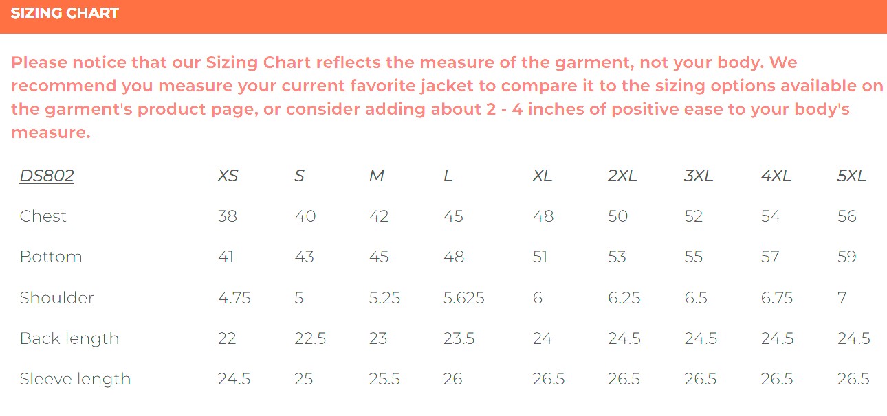 Size chart for women's leather jacket.