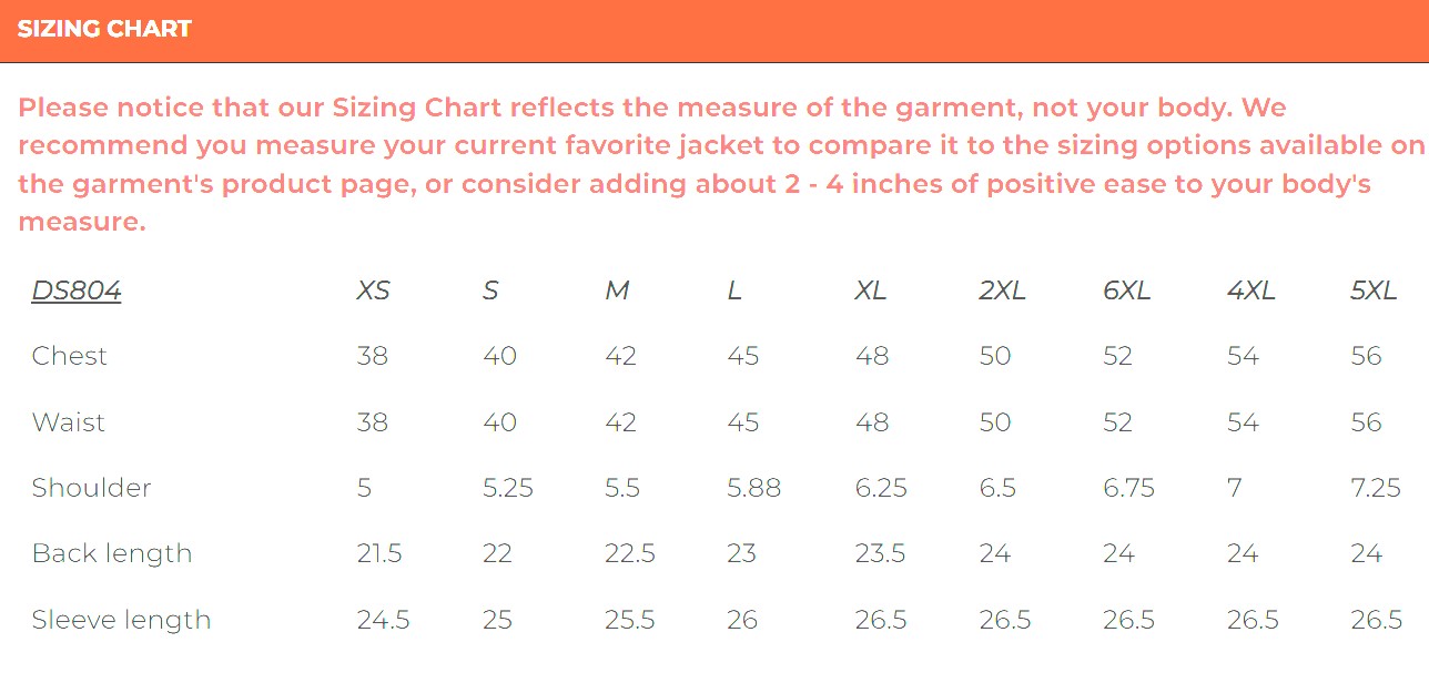 Size chart for women's leather jacket.