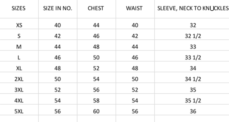 Size chart for men's leather duster coat.