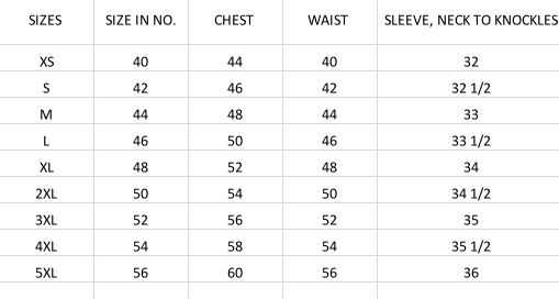 Size chart for men's leather duster coats.