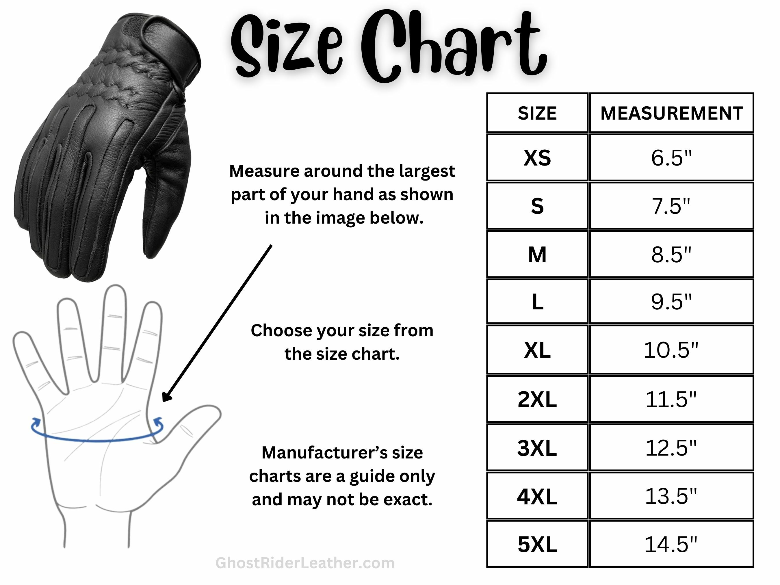 Size chart for Razerback leather gloves.