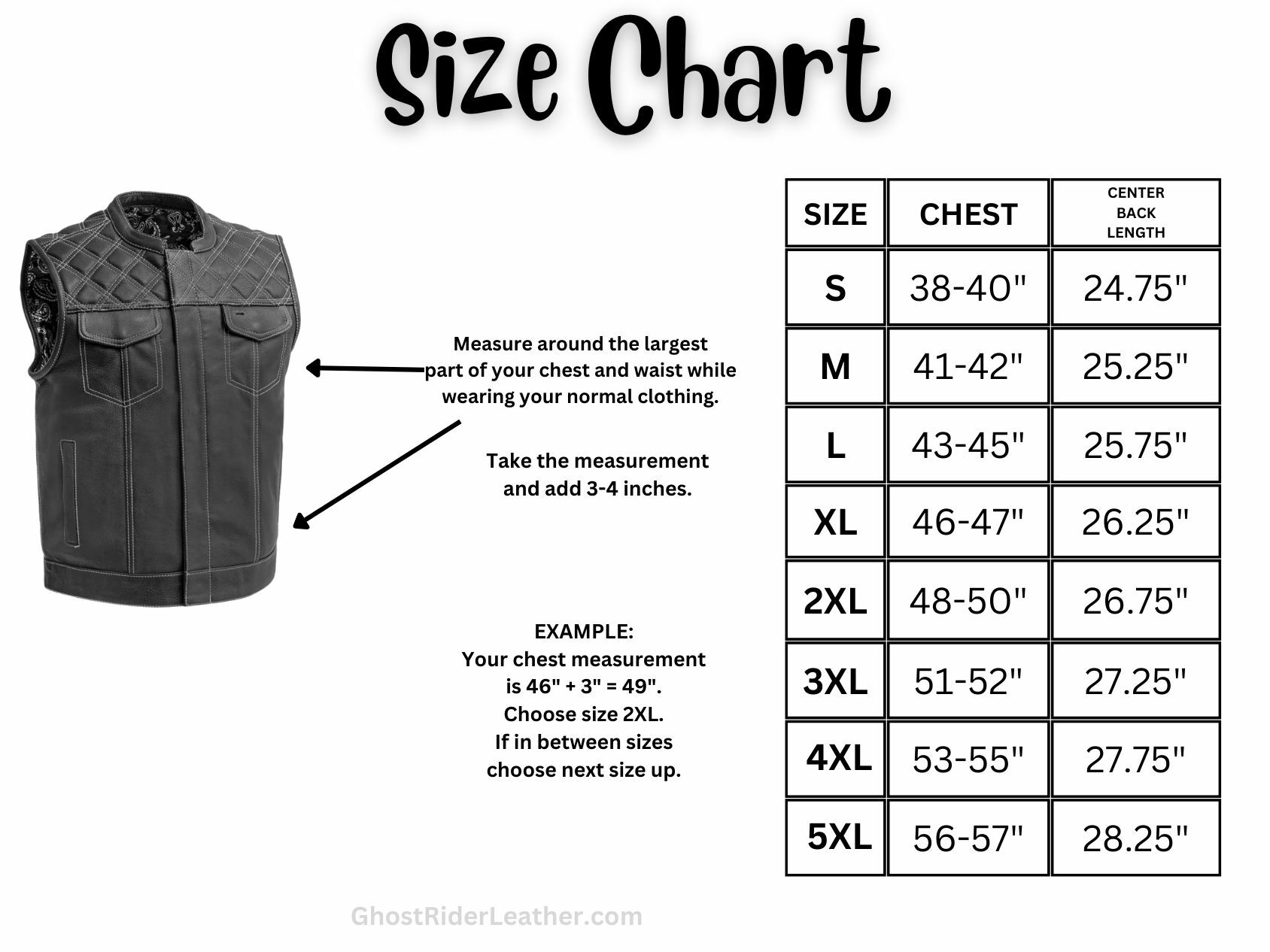 Size chart for men's Hunt club leather and canvas vest.