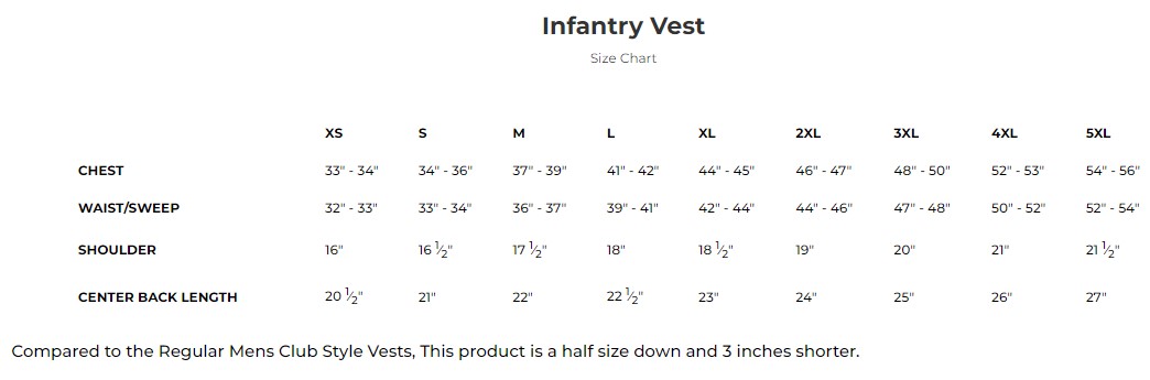 Size chart for Infantry men's camo leather and canvas motorcycle vest.