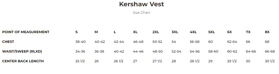 Size chart for Kershaw men's denim motorcycle vest.