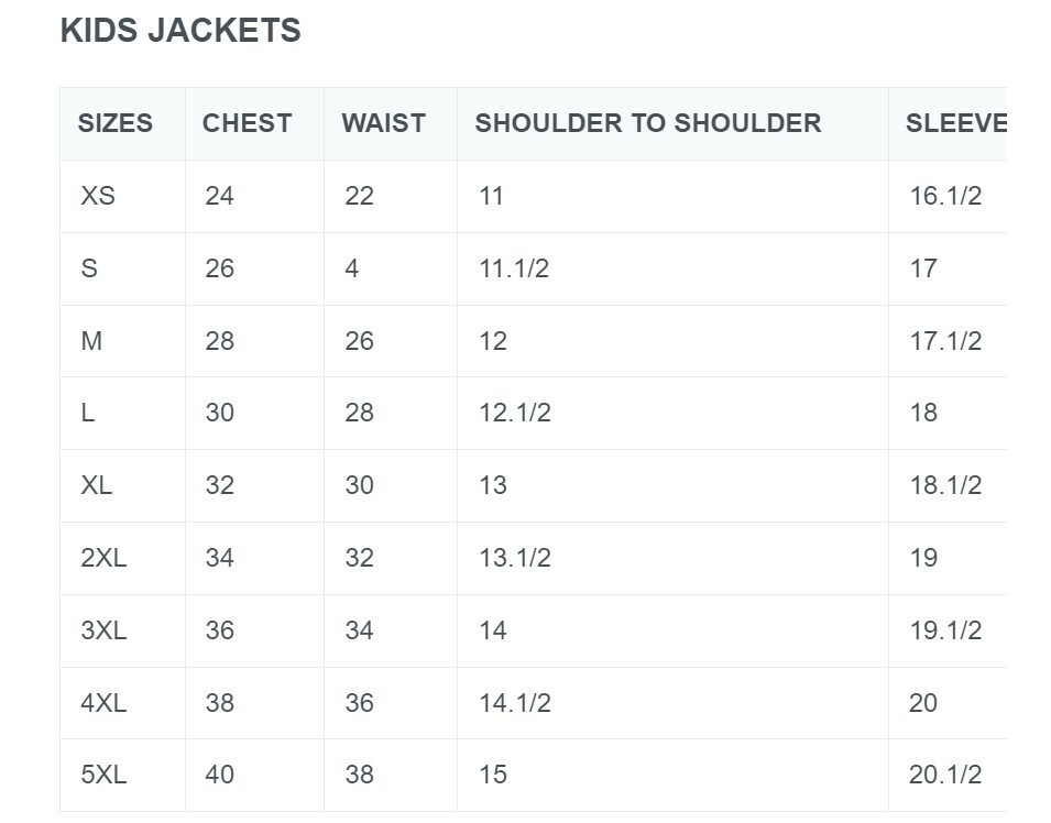 Size chart for kid's pink leather motorcycle jacket.