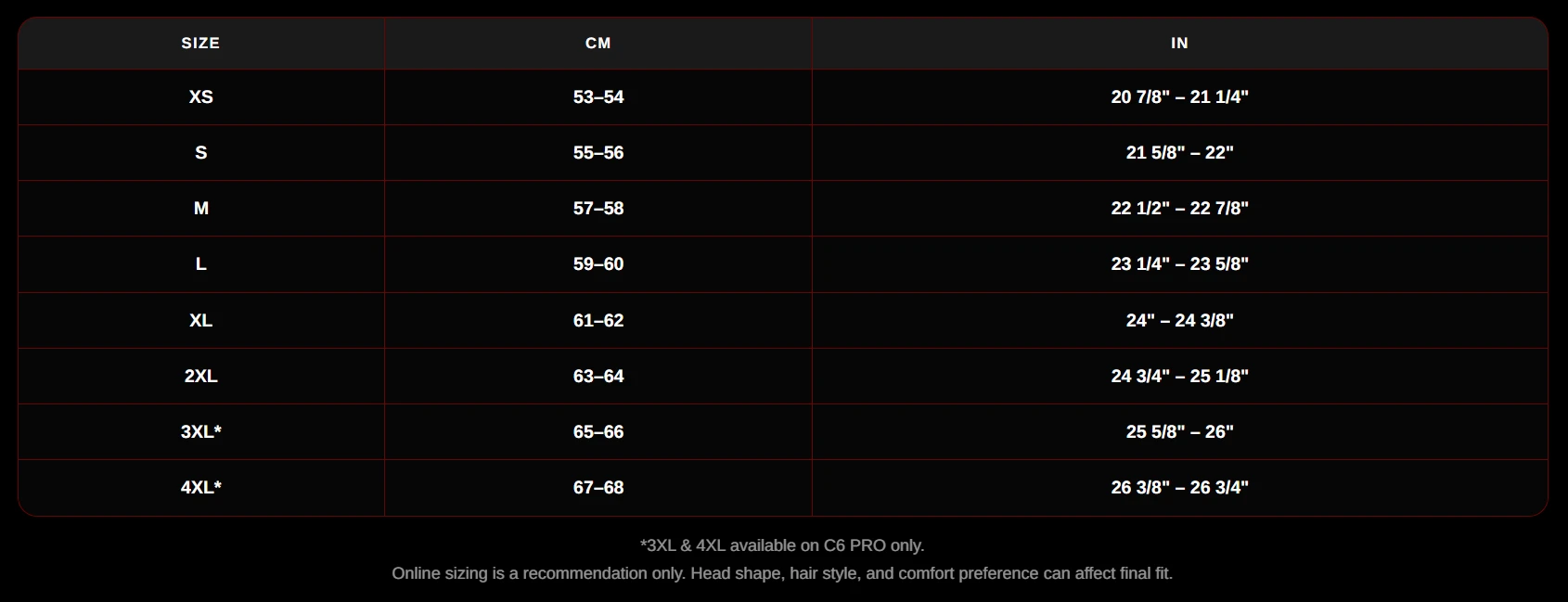 Size Chart for Daytona Helmets Carbon Fiber Pro Helmet.