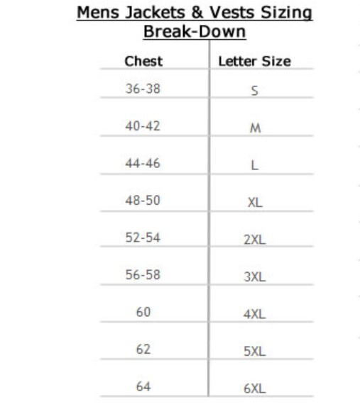 Men's size chart for leather motorcycle jacket.