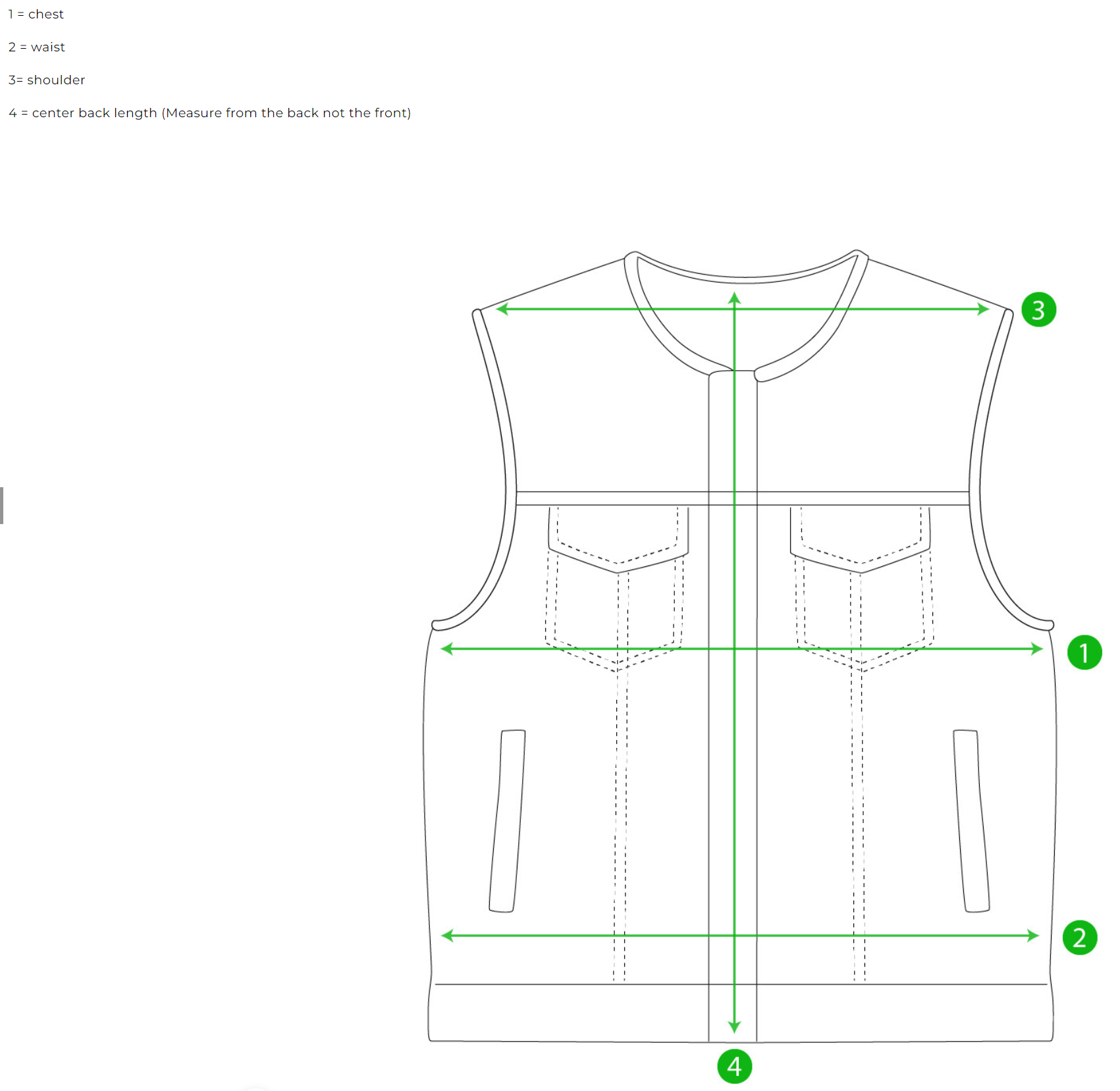 Size chart for men's leather motorcycle vest.